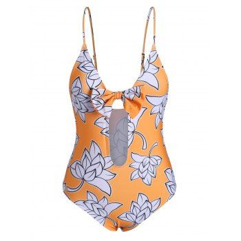 

Leaf Print Bowknot Keyhole One-piece Swimsuit, Rubber ducky yellow