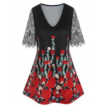 

Plus Size Lace Sleeve Floral Print T Shirt, Black