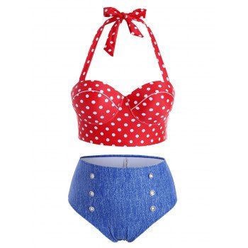 

Plus Size Polka Dot High Rise Bikini Swimwear, Red