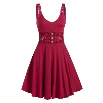 

Buckle Button Ruched Waist A Line Dress, Red wine