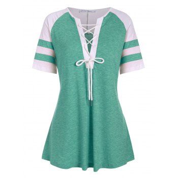 

Lace Up Colorblock Stripes Panel Plus Size Top, Sea green