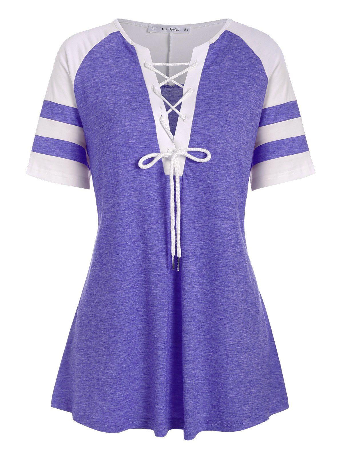 

Lace Up Colorblock Stripes Panel Plus Size Top, Medium purple