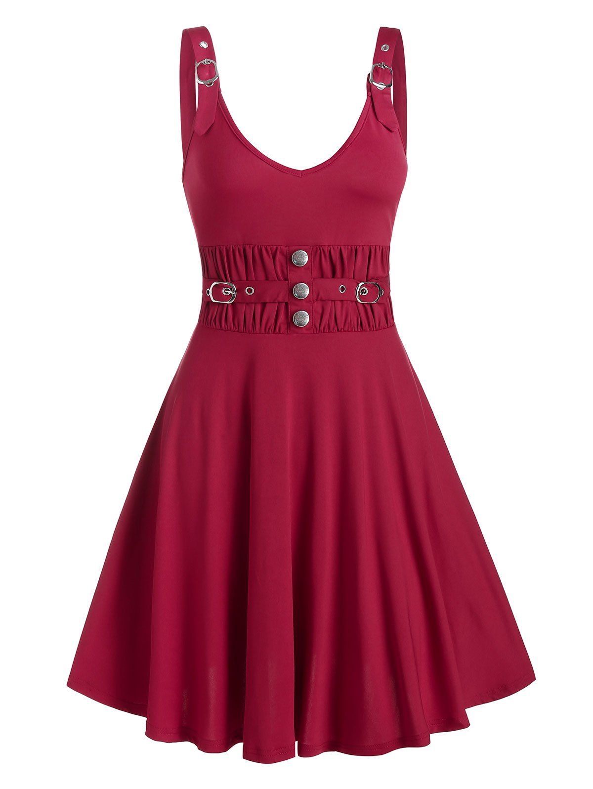 Buckle Button Ruched Waist A Line Dress - RED WINE L