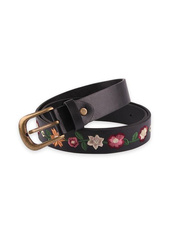 Ceinture Fleurie Brodée en Cuir PU - Noir 