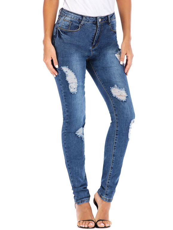 Bleach Wash High Waisted Distressed Skinny Jeans - DENIM BLUE 2XL