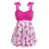 Maillot de Bain Tankini Plissé Fleuri à Epaule Nouée de Grande Taille - Magenta Dimorphotheca 1X