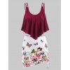 Maillot de Bain Trois-Pièces à Volants Papillon et Fleur Imprimés Grande-Taille - Rouge Vineux 2X