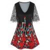 T-shirt Fleuri Imprimé à Manches en Dentelle de Grande Taille - Noir 3X