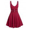 Buckle Button Ruched Waist A Line Dress - RED WINE L