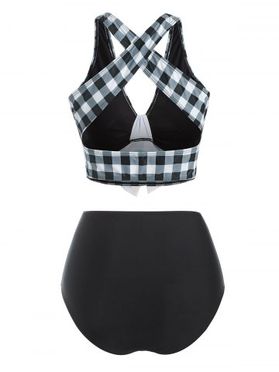 Checkered Crisscross Tied Mock Button Tankini Swimwear