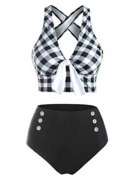Checkered Crisscross Tied Mock Button Tankini Swimwear