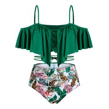 

Leaves Print Lace Up Cold Shoulder Plus Size Tankini Swimwear, Deep green