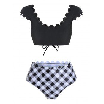 

Scalloped Hem Swimsuit Tie Back Crisscross Plaid Padded Tankini Swimwear, Black