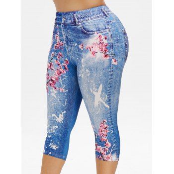 

Plus Size 3D Denim Print Peach Blossom Cropped Leggings, Light slate blue