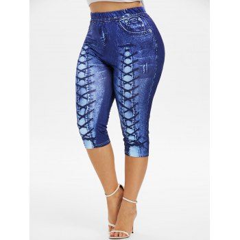 

Plus Size 3D Lace Up Jean Print Cropped Leggings, Deep blue
