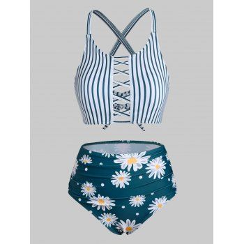 

Lattice Criss Cross Stripes Daisy Print Tankini Swimwear, Peacock blue