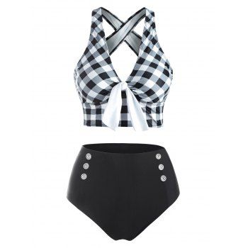Image of Checkered Crisscross Tied Mock Button Tankini Swimwear