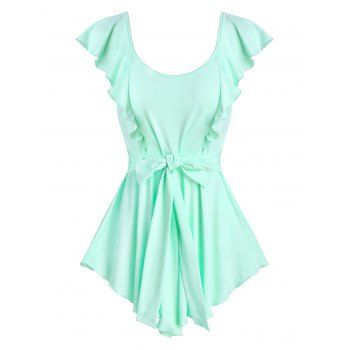

Pointed Hem Ruffle Knotted Tank Top, Aquamarine