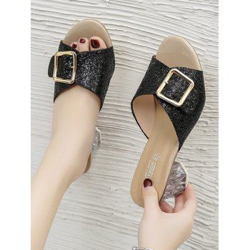 

Glitter Sequins Buckled Clear Heel Slides, Black