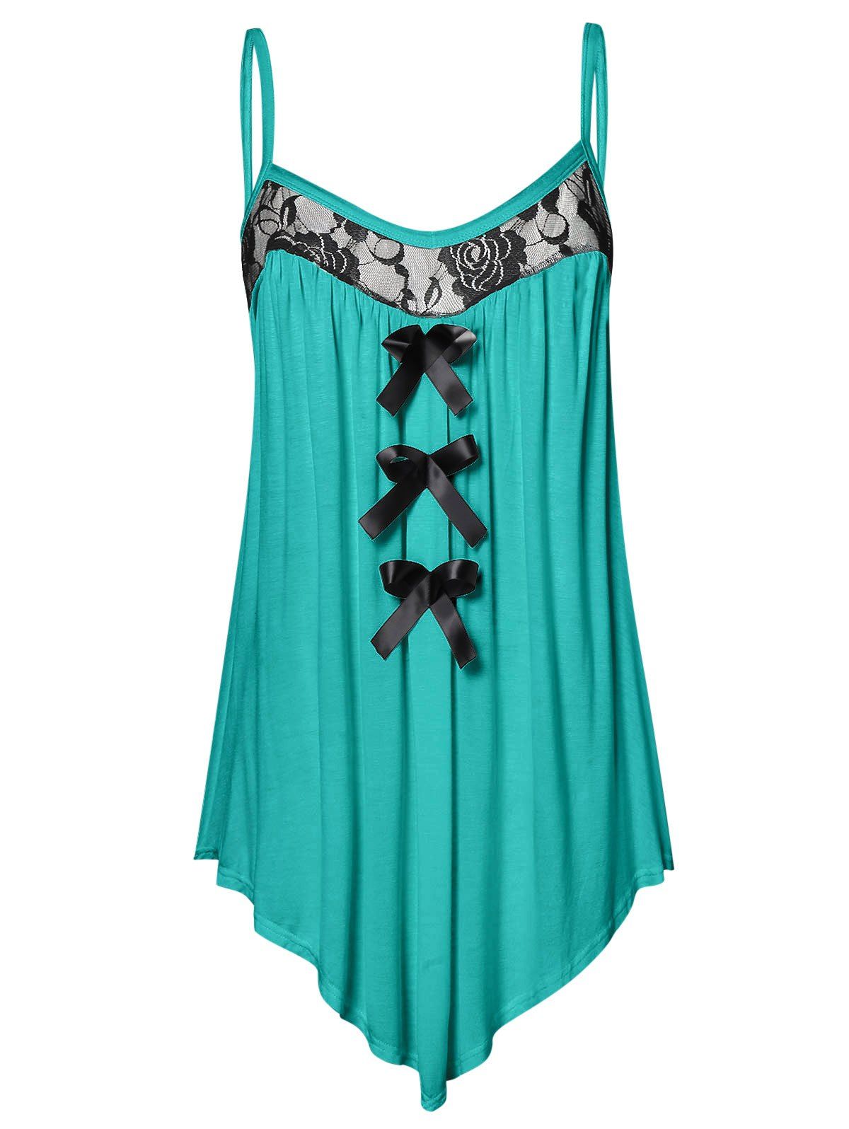 Plus Size Lace Panel Bowknot Embellished Cami Top - DARK TURQUOISE M