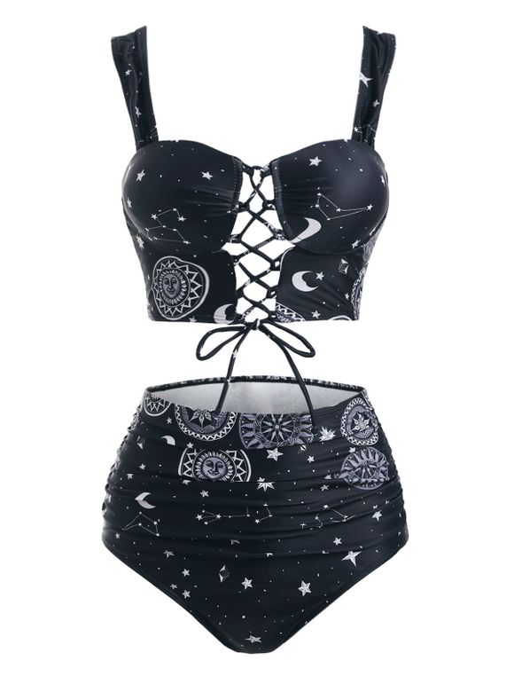 Vintage Tankini Swimsuit Sun Moon Star Print Bathing Suit Lace Up Summer Beach Tummy Control Swimwear - BLACK 2XL