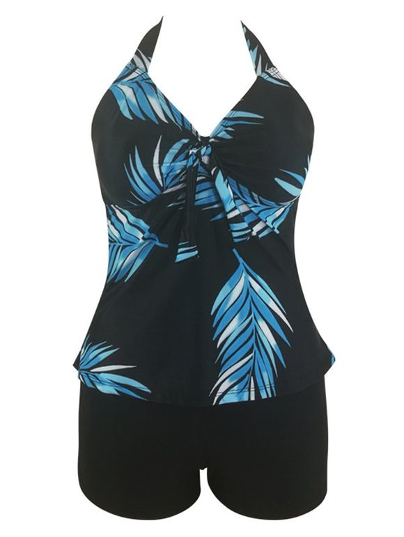 Plus Size Leaves Print Halter Tankini Swimwear - BLACK 1X