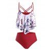 Maillot de Bain Tankini Croisé Chat et Note de Musique Imprimés de Grande Taille - Rouge Vineux 1X