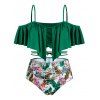 Maillot de Bain Tankini Feuille Imprimée à Epaule Dénudée de Grande Taille à Lacets - Vert profond 3X