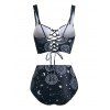 Vintage Tankini Swimsuit Sun Moon Star Print Bathing Suit Lace Up Summer Beach Tummy Control Swimwear - BLACK M
