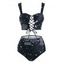 Maillot de Bain Tankini Vintage Gainant à Imprimé Léopard Lune Etoile Soleil à Lacets - Noir M