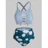 Lattice Criss Cross Stripes Daisy Print Tankini Swimwear - PEACOCK BLUE XL