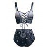 Maillot de Bain Tankini Vintage Gainant à Imprimé Léopard Lune Etoile Soleil à Lacets - Noir S