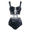 Vintage Tankini Swimsuit Sun Moon Star Print Bathing Suit Lace Up Summer Beach Tummy Control Swimwear - BLACK 2XL