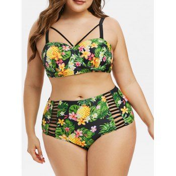 

Plus Size Pineapple Flower Ladder Cutout Underwire Tankini Swimwear, Multicolor