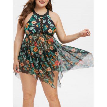 

Lace-up Floral Leaf Lattice Plus Size Mesh Tankini Swimwear, Black