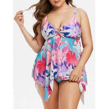 

Plus Size Palm Print Cinched Handkerchief Tankini Set, Violet red