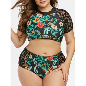 

Lace Panel Floral Leaf Plus Size Two Piece Swimsuit, Black