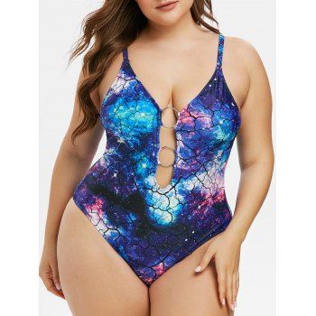 

Plus Size O Ring 3D Galaxy Print One-piece Swimsuit, Blue