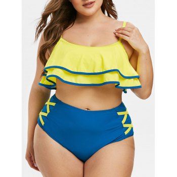 

Tiered Flounce Crisscross Plus Size Tankini Swimwear, Bright yellow