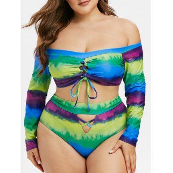 

Off Shoulder Tie Dye Lace-up Crisscross Plus Size Two Piece Swimsuit, Green