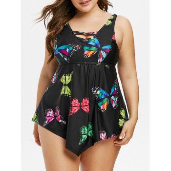 

Plus Size Butterfly Print Crisscross Tankini Swimwear, Black