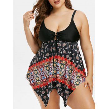 

Plus Size Cinched Tribal Print Tankini Swimwear, Black