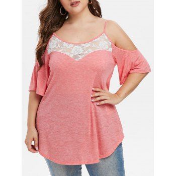 

Lace Panel Cold Shoulder Plus Size T Shirt, Light pink