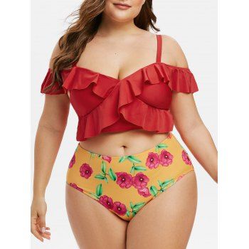 

Plus Size Ruffled Floral Print Two Piece Swimwear, Red