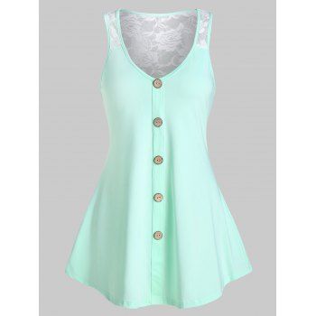 

Rose Lace Panel Button Tunic Tank Top, Light aquamarine