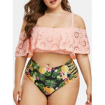 

Plus Size Laser Cut Sunflower Print Two Piece Swimwear, Light pink