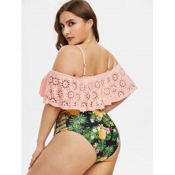 Plus Size Laser Cut Sunflower Print Two Piece Swimwear