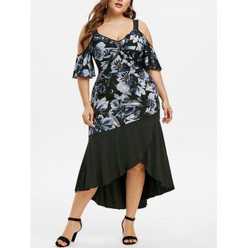 

Plus Size Floral Print Cold Shoulder Twist Dress, Black
