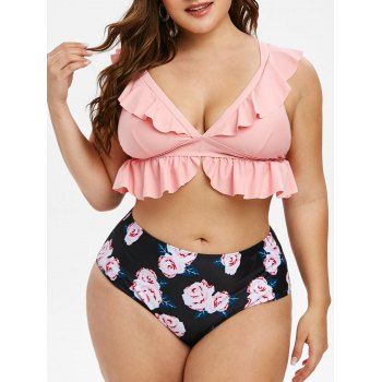 

Plus Size Low Cut Ruffled Floral Print Tankini Swimwear, Light pink