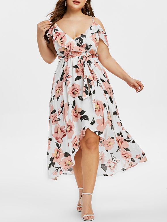Maxi Robe Plongeante Fleurie Imprimée à Epaule Ouverte de Grande Taille - Blanc 5X